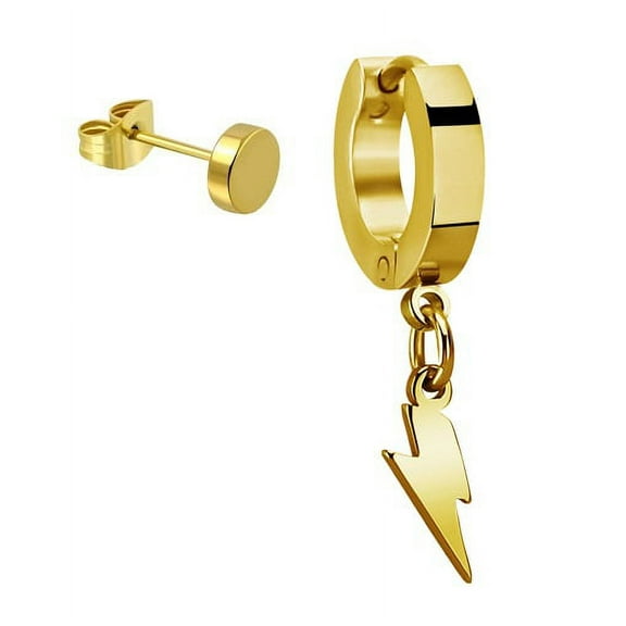 iJewelry2 Gold Tone Stainless Steel Dangling Thunderbolt Large Huggie Hoop and Illusion Plug Stud Earrings