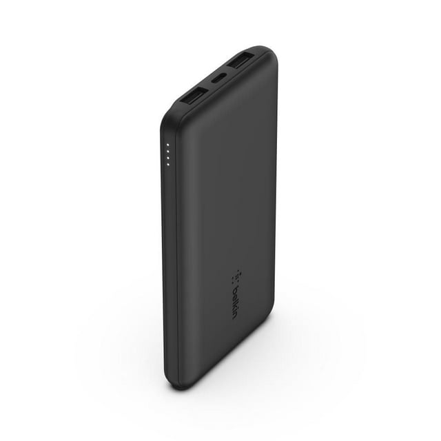 Belkin USB-C Portable Charger Power Bank, 10,000 mAh in black with a slim rectangular design, featuring two USB-A ports and one USB-C port on top, LED battery indicator lights on the side, and Belkin logo on the front, ideal for charging smartphones and multiple devices simultaneously.