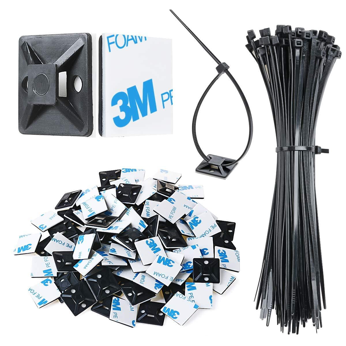 Pack of 100 Black Cable Ties Adhesive Fixings Base Self-Adhesive Cable Clamp 