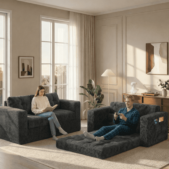 2-Seater Cloud-Like Loveseat Sofa - Double-Layer Upholstered Cushions, Pet-Friendly Corduroy Couch for Bedroom, Living Room & Apartment, Dark Grey