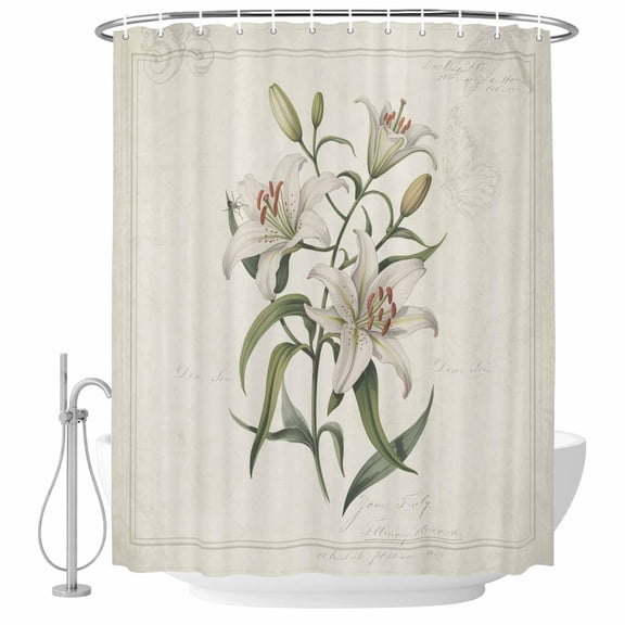 Vintage Art Flowers Shower Curtain, 72" x 72", Lilies Floral Leaves Beige Court Style Waterproof Bathroom Curtain Washable Shower Curtain Set with 12 Hooks