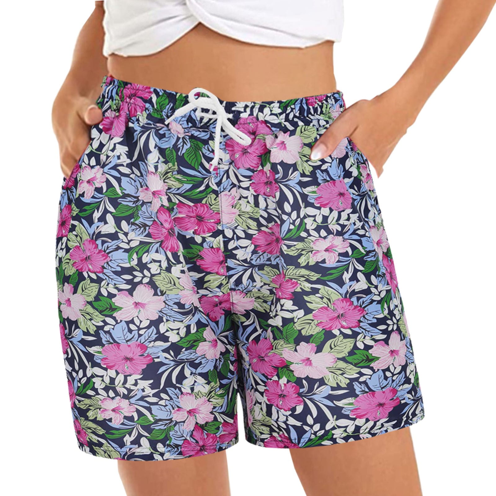 QGQM Women's Casual Shorts Floral Pattern Boho Hawaiian Beach Shorts Casual  Loose Fit Drawstring Shorts with Pockets Juniors Shorts