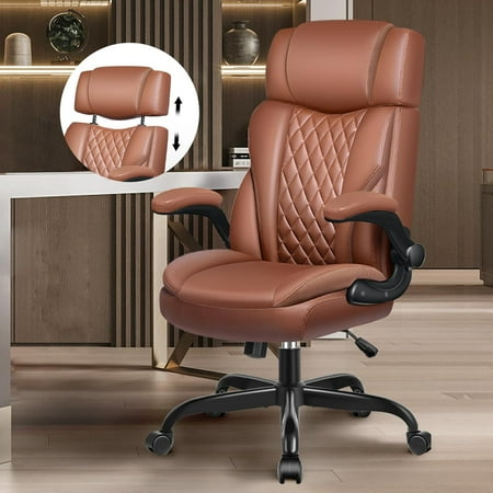 Office Chair Flip Up Arms Executive Leather Office Chair Ergonomic Desk Chair with Lumbar Support Adjustable Headrest Computer Chair Home Office Desk Chair with Rocking Function