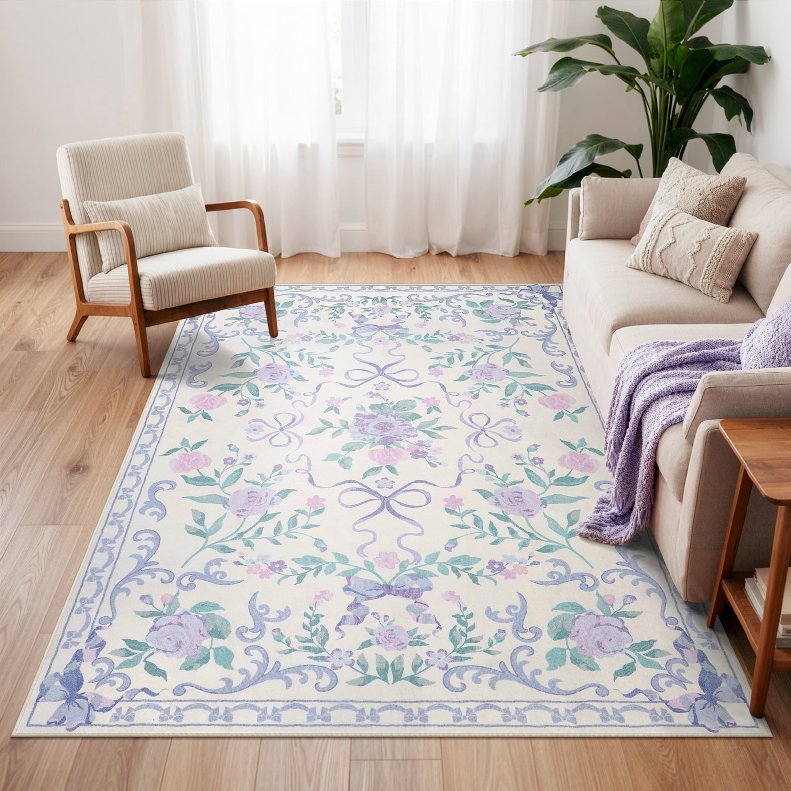 Lahome Washable 5'x7' Floral Bow Area Rug, Purple Rugs for Living Room, Soft Ultra-Thin Non-Slip Carpet for Girls Bedroom Nursery Dorm Kids Room Playroom, Purple