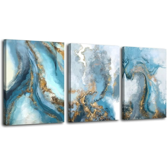 Abstract Wall Art Canvas Wall Art for Living Room Bedroom Decoration, Blue Wall Decor Modern Framed Painting, Bathroom Wall Decor Art Prints with Wood Fram Size 12x16x3 Piece,Gold