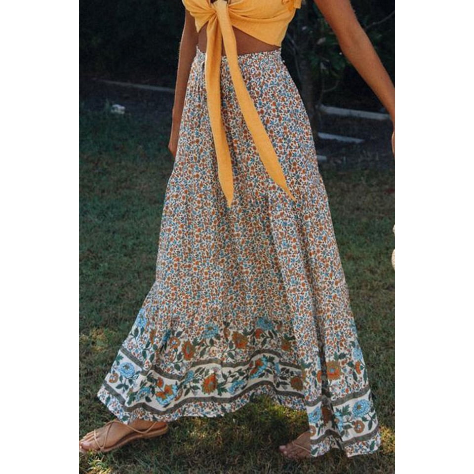 Jupe Maxi Plissée Taille Haute Élastique à Imprimé Floral Boho pour Femmes