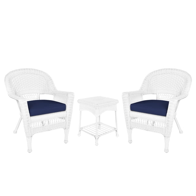 Jeco 3 Piece Wicker Conversation Set in White with Blue Cushions