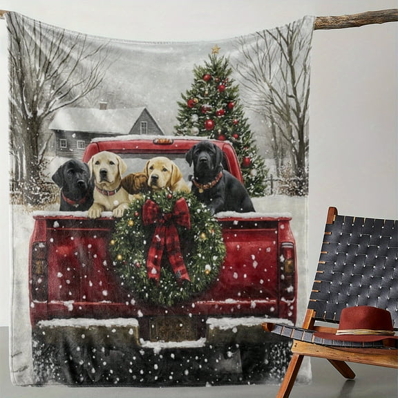 [Seasonal Delight] Cozy Vintage Plaid Bow & Puppy Christmas Truck Fleece Blanket - Soft, Warm Polyester Throw with Snowy Landscape & Festive Decor for Couch, Bed, Car, Office, Camping & Travel - Idea