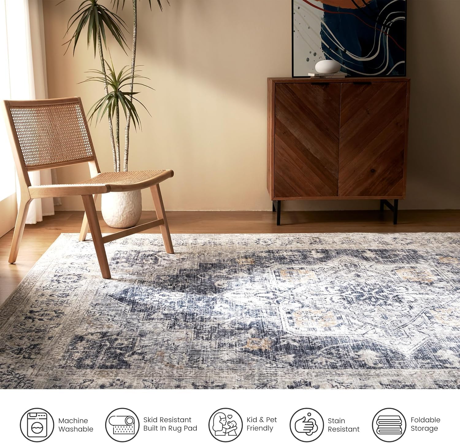 Sleep Zone 2x6 Area Rug for Bedroom, Machine Washable Area Rugs for Living Room, Low Pile Lightweight Non Slip Carpet, Vintage Rug for Dining Room, Home Office, Teal
