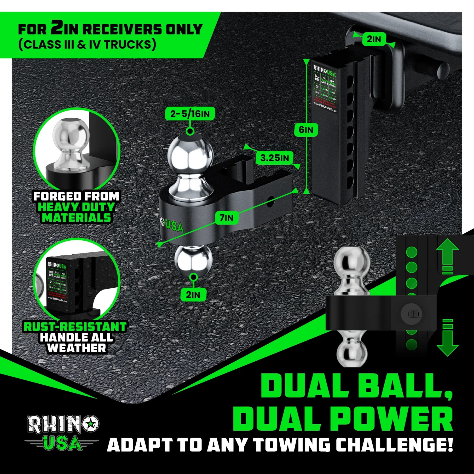 Rhino USA Heavy Duty 6" Adjustable Drop Hitch, Fits 2" Receiver, Dual Ball 2" & 2-5/16", Aluminum