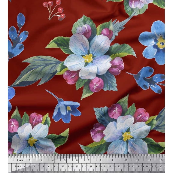 Soimoi Cotton Duck Fabric Leaves,Red Berries & Flower Print Fabric by the Yard 42 Inch Wide