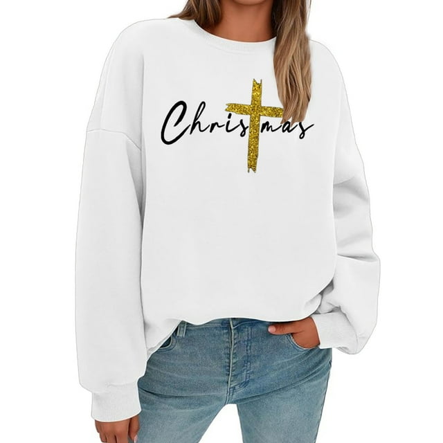 Chandail en Molleton Graphique à Paillettes de Noël pour Femmes Manches Longues Col Rond Décontracté Chandail de Vacances Vêtements de Mode d'Hiver de Noël