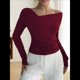 thumbnail image 5 of Tops con Hombros Descubiertos para Mujer, Camisas de Discoteca de Larga, Ajustadas y de Moda para y Otoño Vino Tinto M, 5 of 8