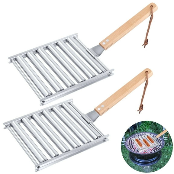 2Pcs Hot Dog Roller for Grill,Stainless Steel Sausage Roller Rack with Extra Long Wood Handle,BBQ Hot Dog Roller for Evenly Cooked Hot Dogs,6.5 x 5.5 Inch