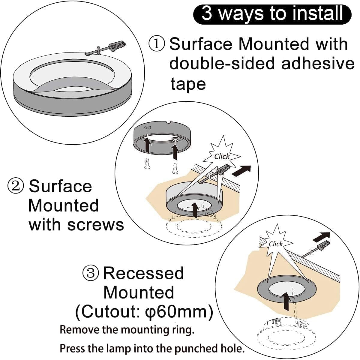 VST Under-Cabinet LED Lights, 2W (20W Total), Wired Touch Dimmer Puck Lights Fixtures, Recessed or Surface Mount, 4000K, 10 Pack，Black