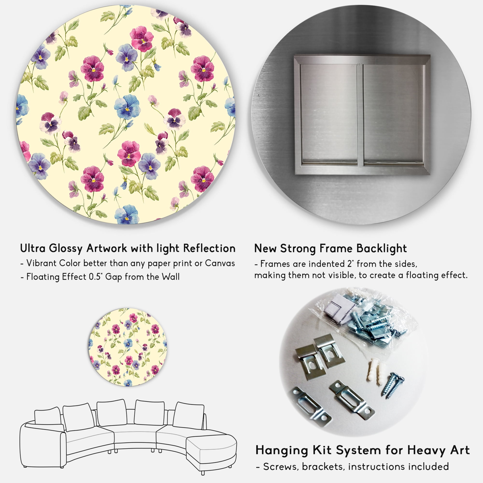 Designart 'Blue and Pink Pansy Flowers I' Traditional Circle Metal Wall Art 11x11 - Disc of 11