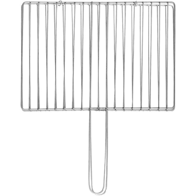 1 pieza cesta para parrilla de pescado cesta para parrilla cesta para parrilla de acero inoxidable juego fácil de voltear con asas desmontables parrilla para asar pescado carne cestas para verduras pa — rejilla rectangular de acero inoxidable vista frontal con barras paralelas y asa desmontable en U, superficie ranurada para sujetar filetes y verduras, acabado metálico brillante sobre fondo blanco; también suele usarse para servir piezas asadas de forma práctica.