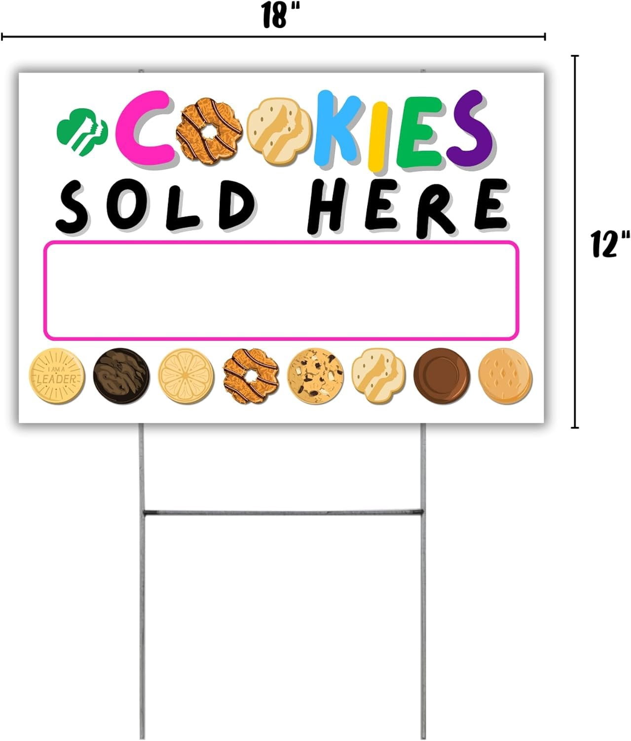 Girl Cookies Sold Here Yard Sign with H Frame Stake 12 x 18 Scout Colorful Stop Buy Cookie Box Door Hanger Reorder Troop Number Sales Goals