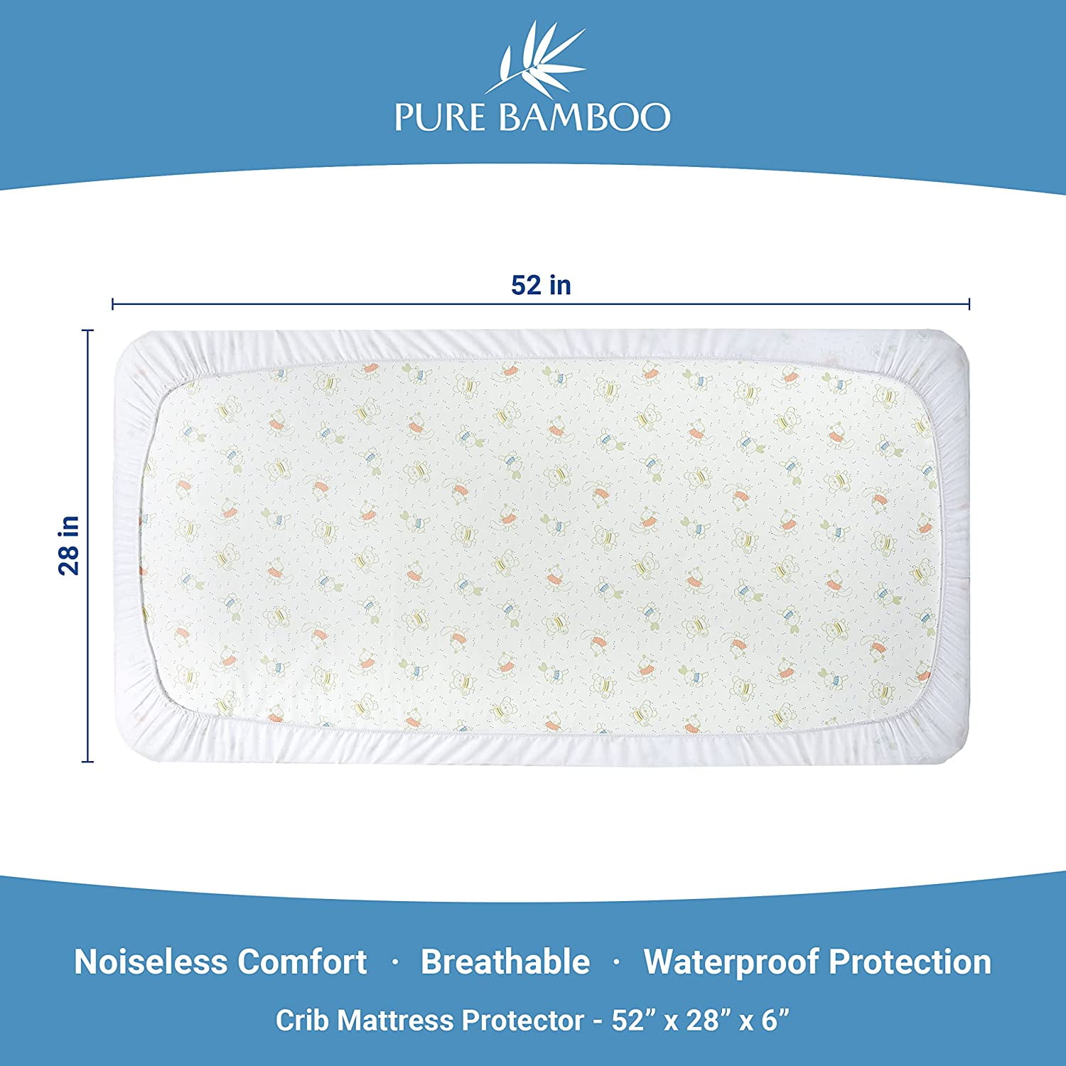 Bamboo Crib Mattress Protector, Waterproof - Breathable, Noiseless Mattress Cover Pad Protects Against Moisture & Stains - Fits 52x28x6 inch Mattress