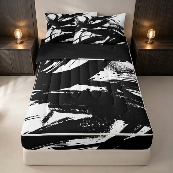 Erosebridal Black and White Zipper Twin Comforter Sets with Fitted Sheet and 2 Pillowcases, Modern Geometric Zipper Bedding Set, Black Reversible