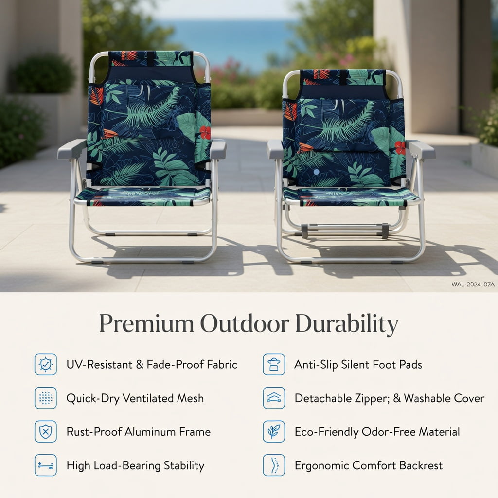 Hommoo 2-Pack Portable 5-Position Reclining Beach Chairs with Folding Side Table, Lightweight Aluminum Camping & Outdoor Chair Set, Green