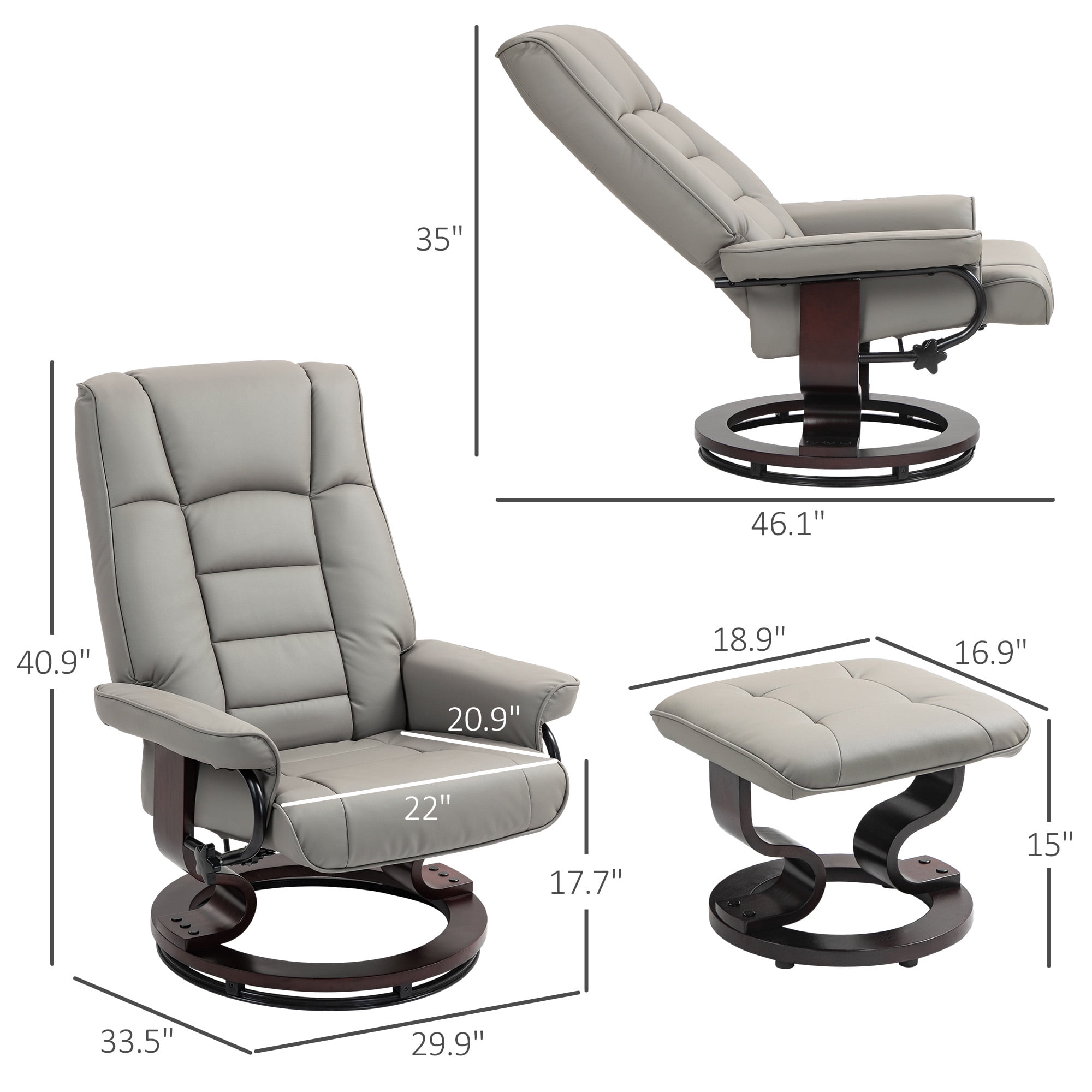 HOMCOM Swivel Recliner with Ottoman, Faux Leather Reclining Chair, Gray
