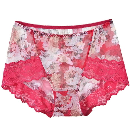 Audhol Underwear for Women Women s Oversized Mesh Fabric Retro Printed High Elasticity Underwear Seamless Lace Thongs for Women Wine L