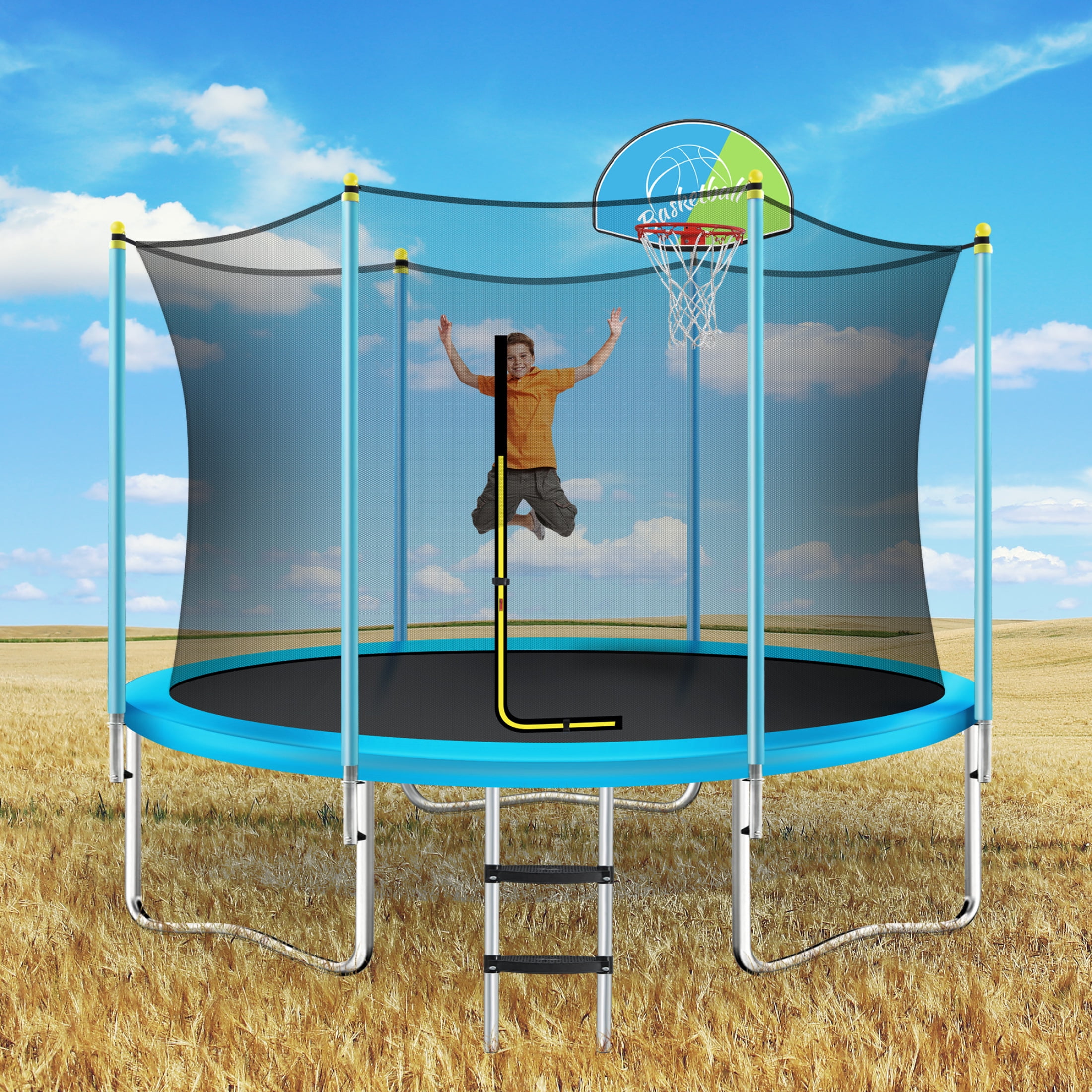 Noble House 8FT Outdoor Trampoline for Kids with Safety Enclosure Net, Basketball Hoop & Ladder, Blue