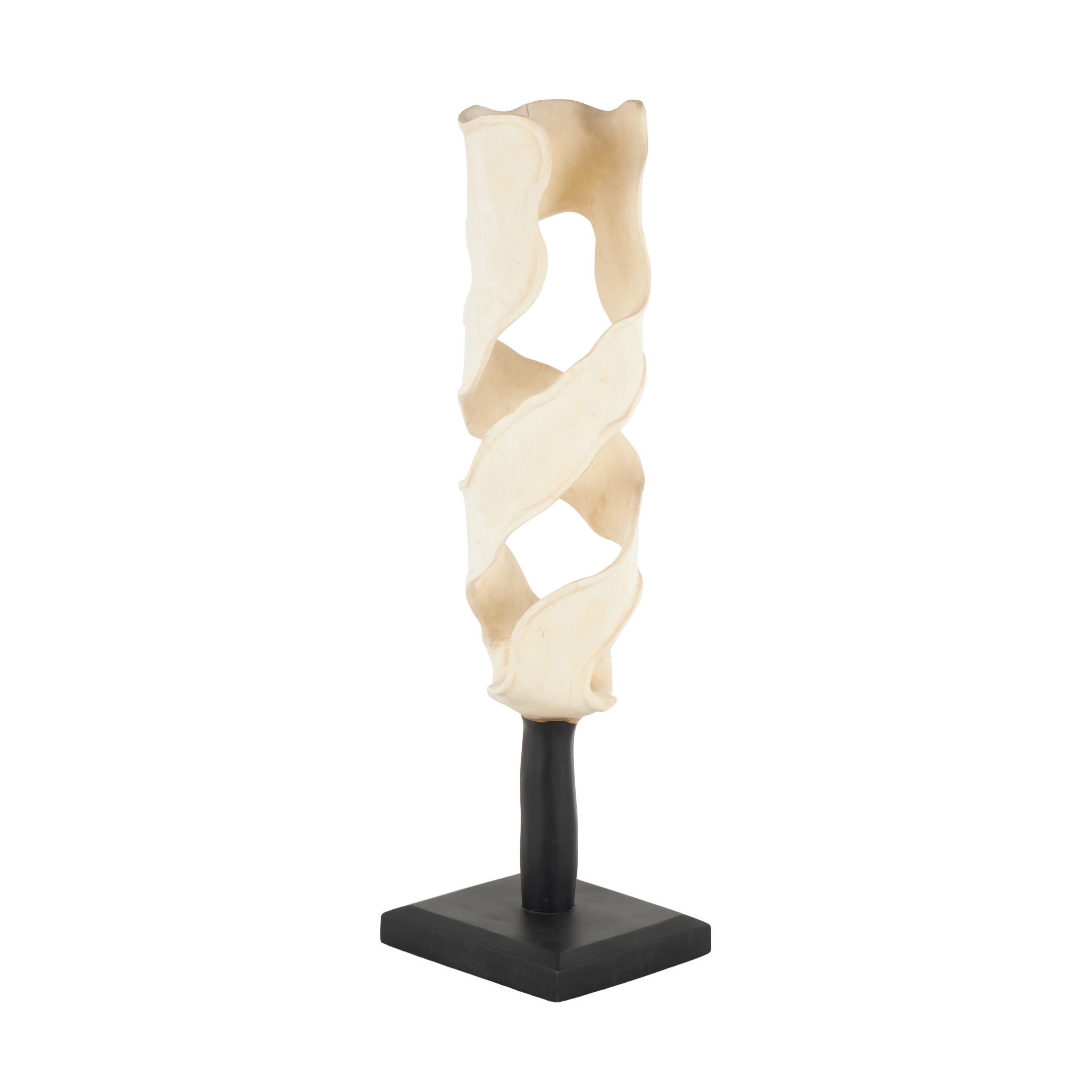 12" x 40" Cream Suar Wood Handmade Live Edge Intertwined Abstract Sculpture with Black Square Base, by DecMode
