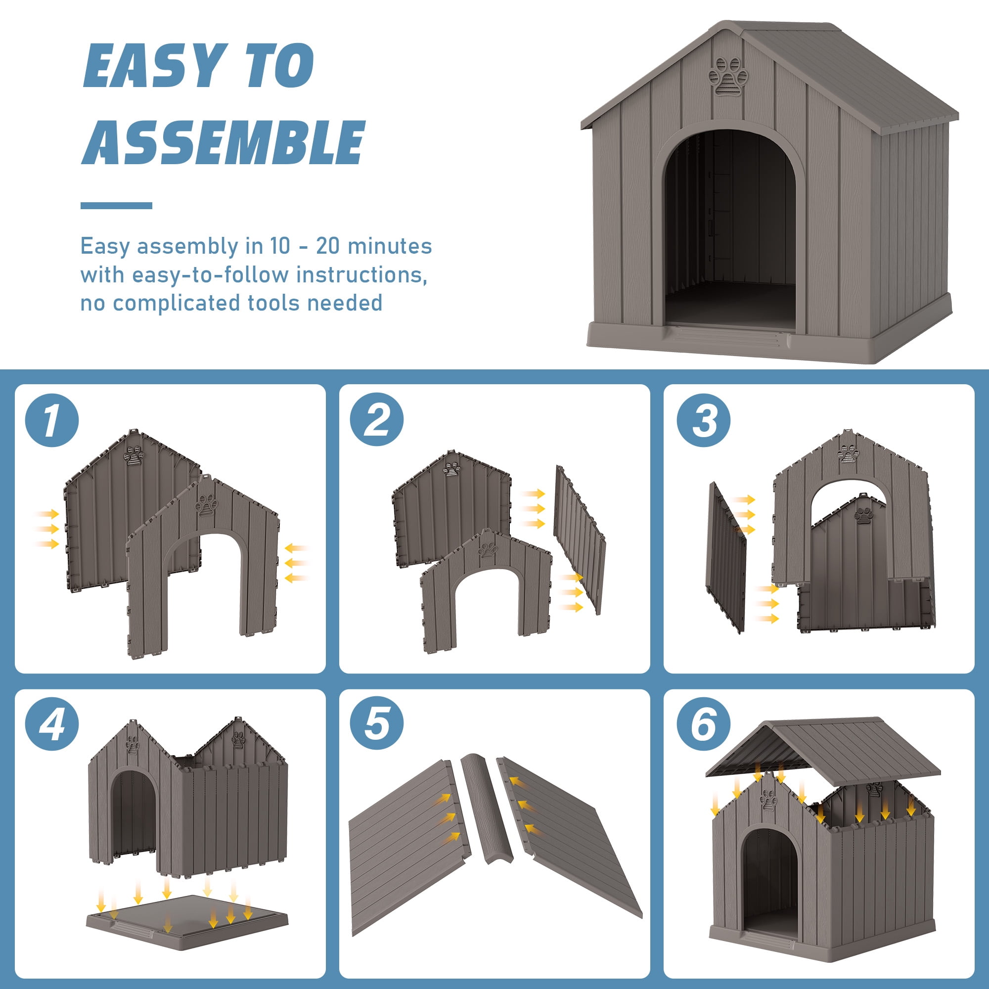 Bifanuo Durable Dog House for Small to Medium Dogs, PP Material Weatherproof Puppy Shelter with Elevated Floor & Air Vents, Easy Clean, Gray, 26.2"L x 24"W x 26"H