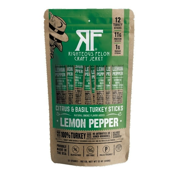 Righteous Felon Lemon Pepper Basil Turkey Stick, 1 Ounce (Pack of 12)