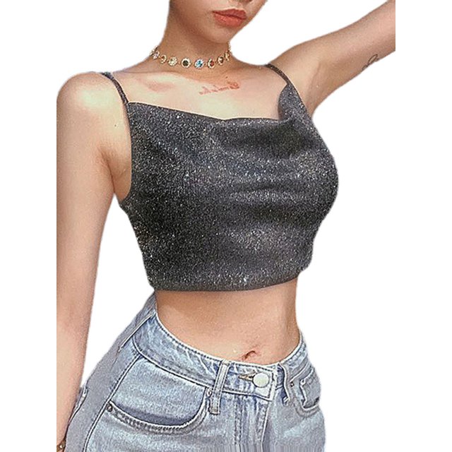 ITFABS Women Crop Top, Black Shiny Spaghetti Straps Form-Fitting Tank Top
