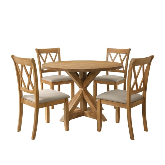 Roundhill Furniture Windvale 5-Piece Dining Set, Cross-Buck Round Table with 4 Stylish Chairs, Oak