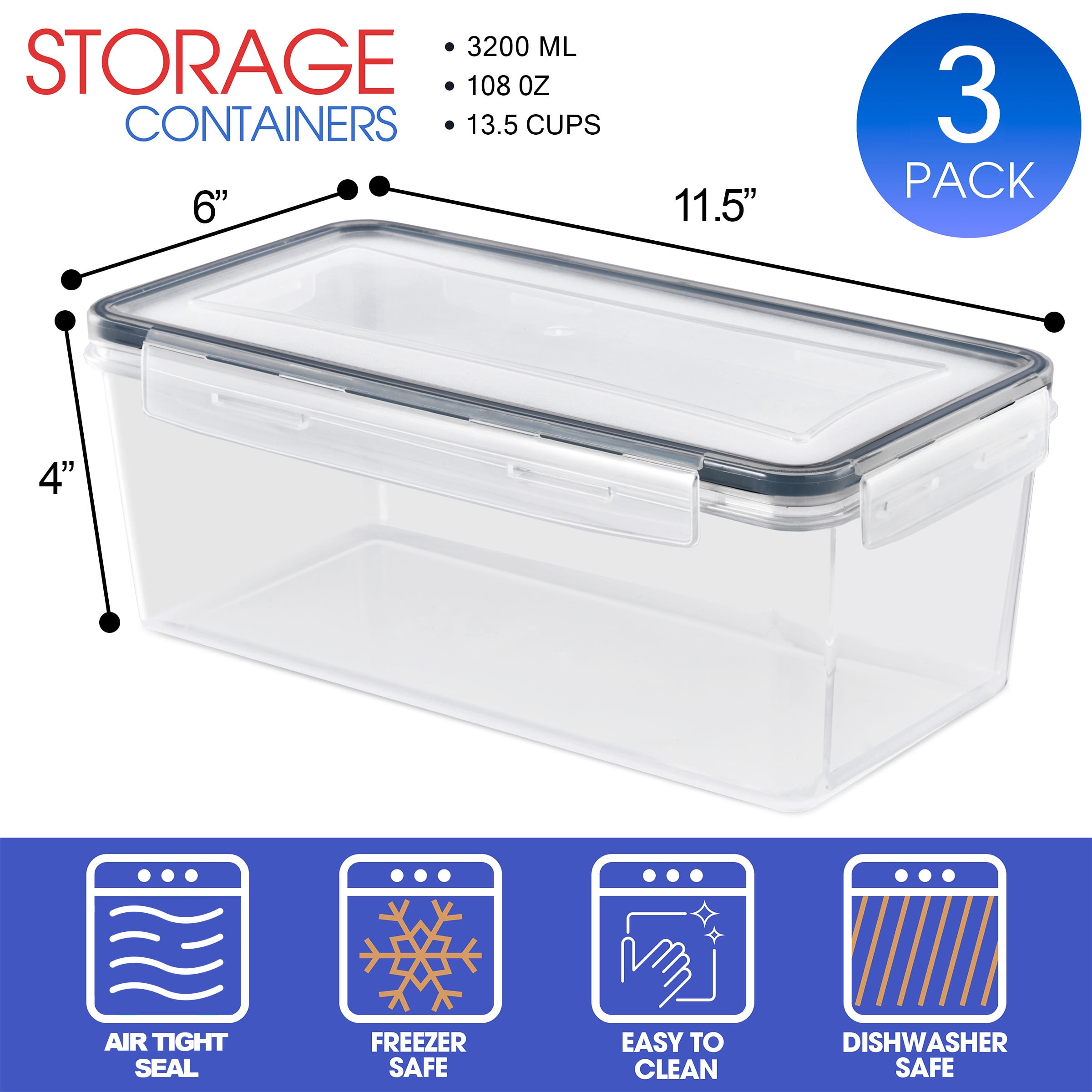 Sorbus 3-Pack 108oz Airtight Food Storage Containers with Snap Lids for Cereal & Pasta