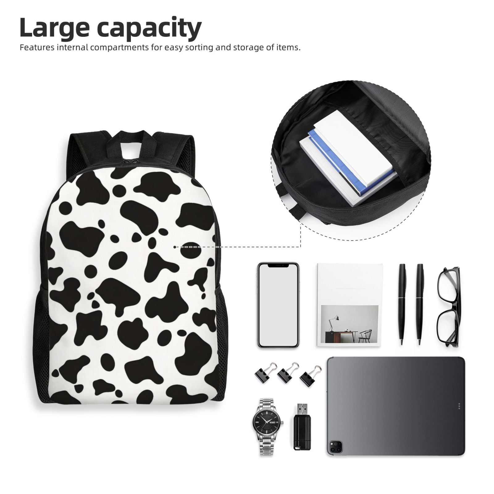Single Side Full Backpack 16.1×11.8×4.5in Large Capacity Breathable Shoulder Belt Leisure Simple And Strong Bearing Capacity Simple Cow Print Pattern, Vector Art Style_3