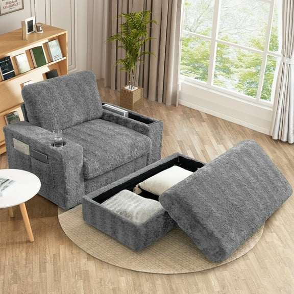 Muumblus 42" Chaise Lounge Indoor, Accent Armchair with Storage Ottoman & Armrests, Oversized Lounge Chair Sleeper Chair for Living Room, Gray Faux Rabbit Fur