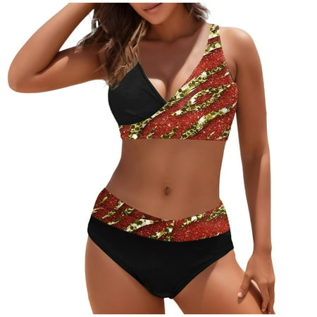 Sngxgn Women s 2 Piece Swimsuits Print Scoop Neck High Waisted Bikini Set(Red S)