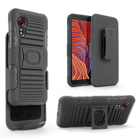 for Samsung Galaxy Xcover 5 Case with Tempered Glass Screen Protector Belt Clip Holster Defender Rugged Shock Proof Armor Heavy Protection Phone Cover w/Magnetic Mount Plate [Black]
