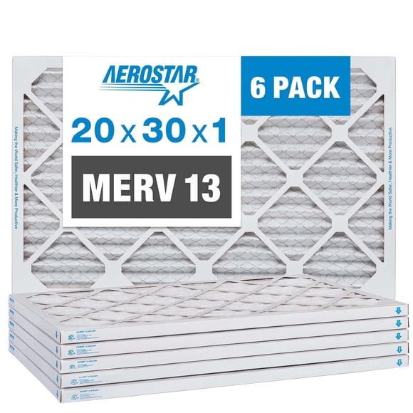 Aerostar 20x30x1 MERV 13 - 6 Count - Pleated HVAC, Furnace & Air Conditioner Filters - Removes Bacteria, Dust, Cold & Flu Germs, Lint, Mold, Pet Dander, Allergy-Caus