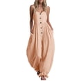 thumbnail image 2 of Women Button Down Cotton Jumpsuits Plain Strap Sleeveless Casual Wide Legs Rompers Loose Overall with Pockets, 2 of 6