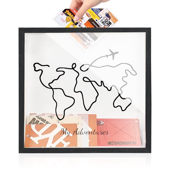 Adventure Archive Shadow Box for Memories Keepsake Acrylic Box for Concert Travel Ticket Stubs with Slot on Top Shadow Box Travel Gift Frame 12" Black