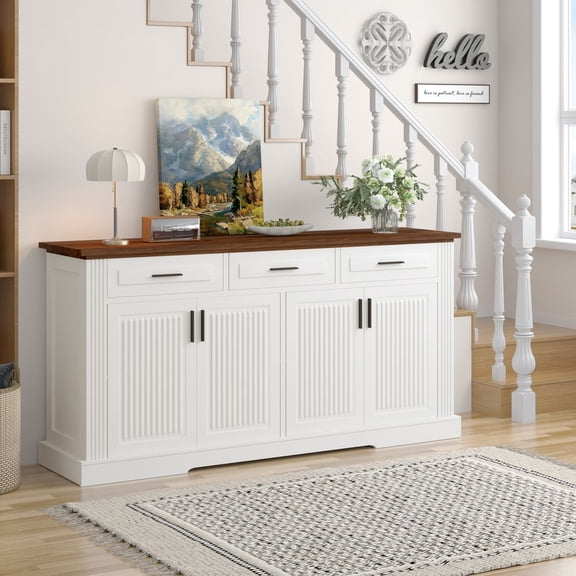 WGYPRIME 63" Fluted Sideboard Buffet Cabinet, Modern Coffee Bar Station with 4 Doors and 3 Drawers, Accent Cabinet for Living Room Dining Room Entryway