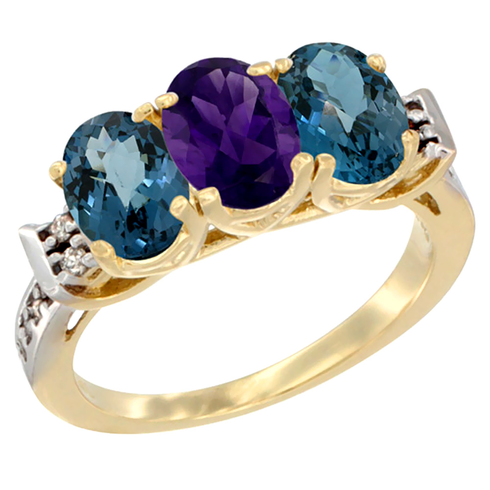 10K Yellow Gold Natural Amethyst & London Blue Topaz Sides Ring 3-Stone Oval 7x5 mm Diamond Accent, sizes 5 10 by WorldJewels