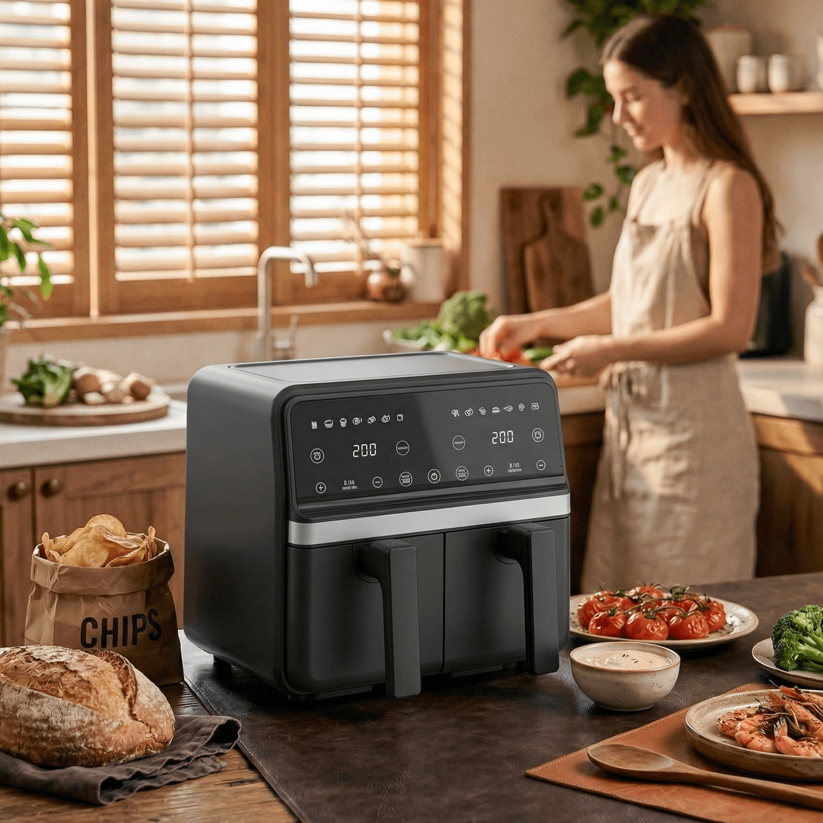 Dual Basket Air Fryer, XL Basket for 6 LB Whole Chicken, Double Stack Compact Design, 14-in-1 Functions with Reheat, Dehydrate, Black