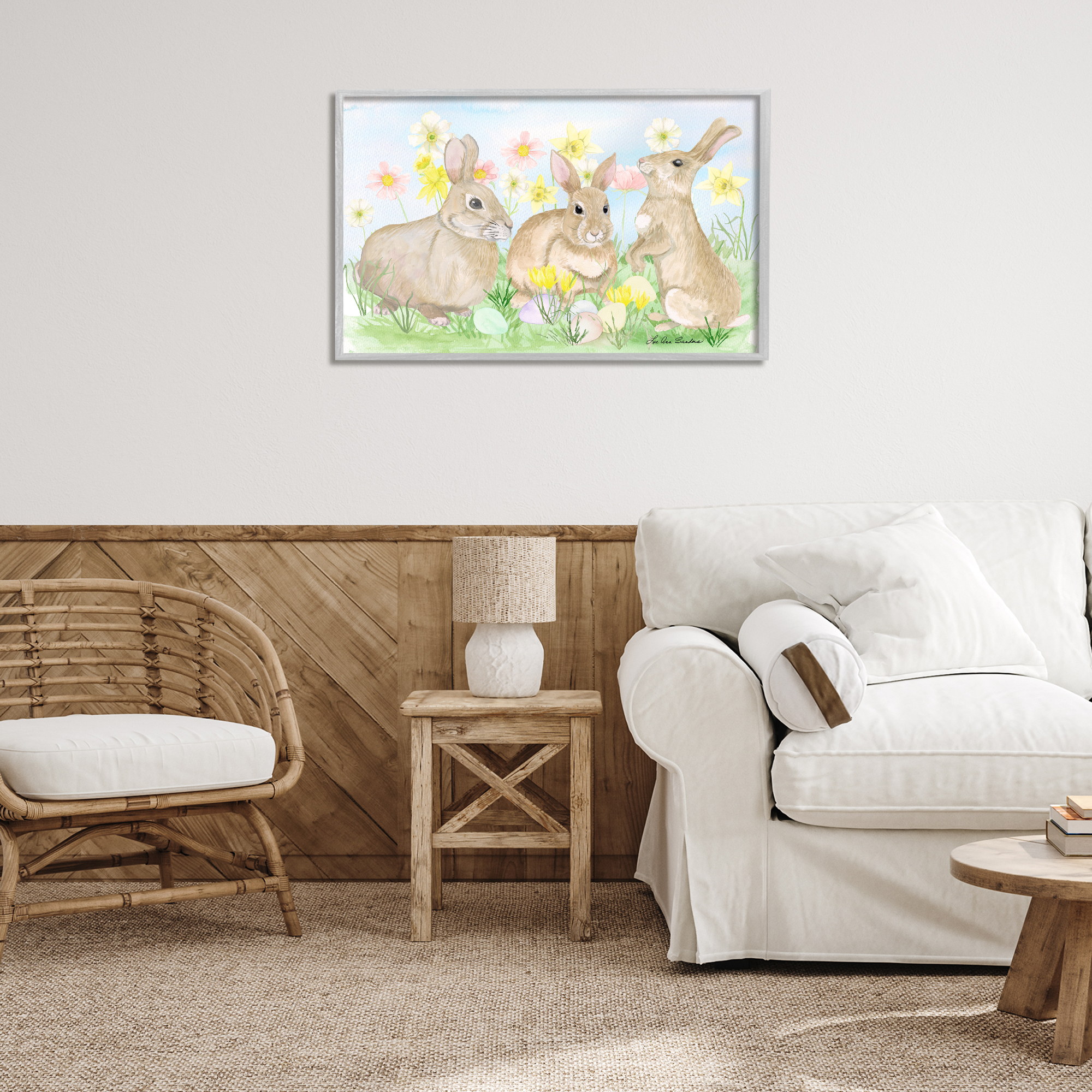 Three Bunnies In The Grass Gray Framed Giclee Art, design by Lee Ann Sanders