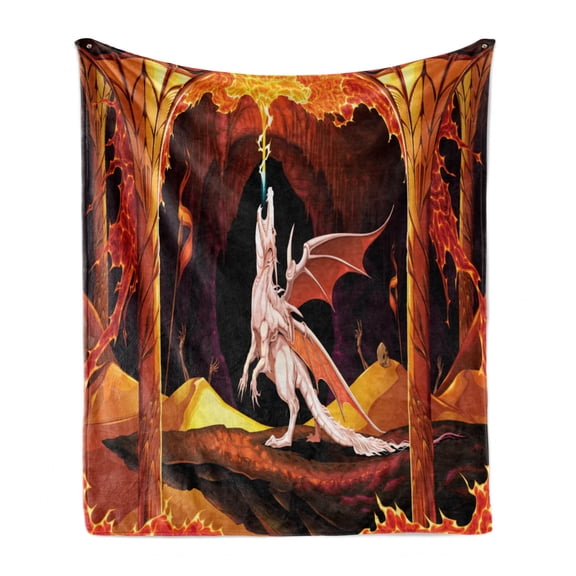 Dragon Soft Flannel Fleece Throw Blanket, Powerful Cartoon Design Illustration of a Scary Cave with a Flame Blowing Reptile, Cozy Plush for Indoor and Outdoor Use, 50" x 60", Multicolor, by Ambesonne