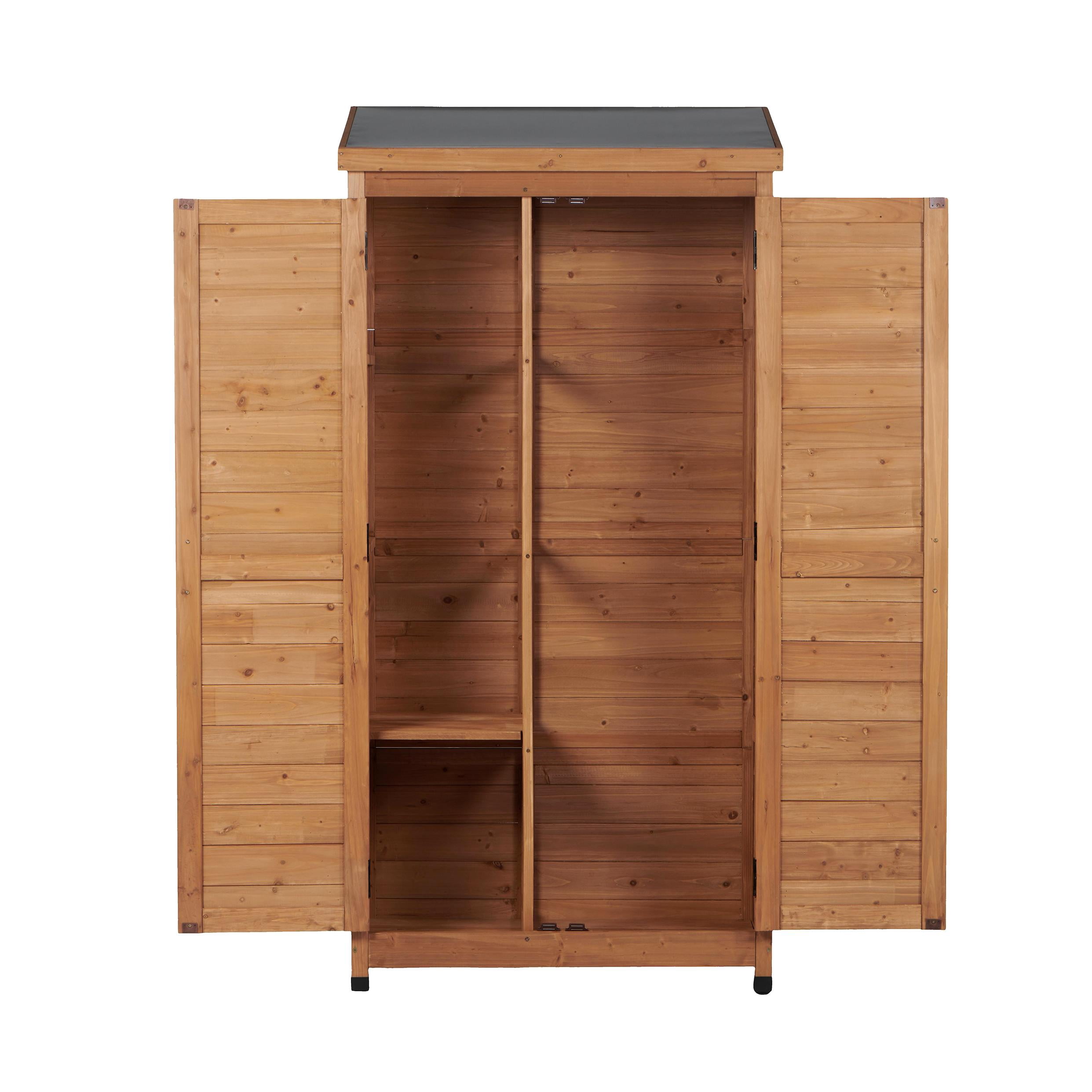 Outdoor Wooden Storage Shed with Metal Top and Double Doors, Tall Vertical Tool Cabinet and Garden Organizer, Gold