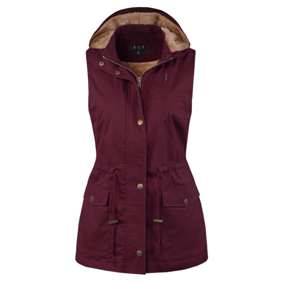 A2Y Women's Solid Drawstring Waist Zipper Inside Fur Utility Hoodie Vest Wine S