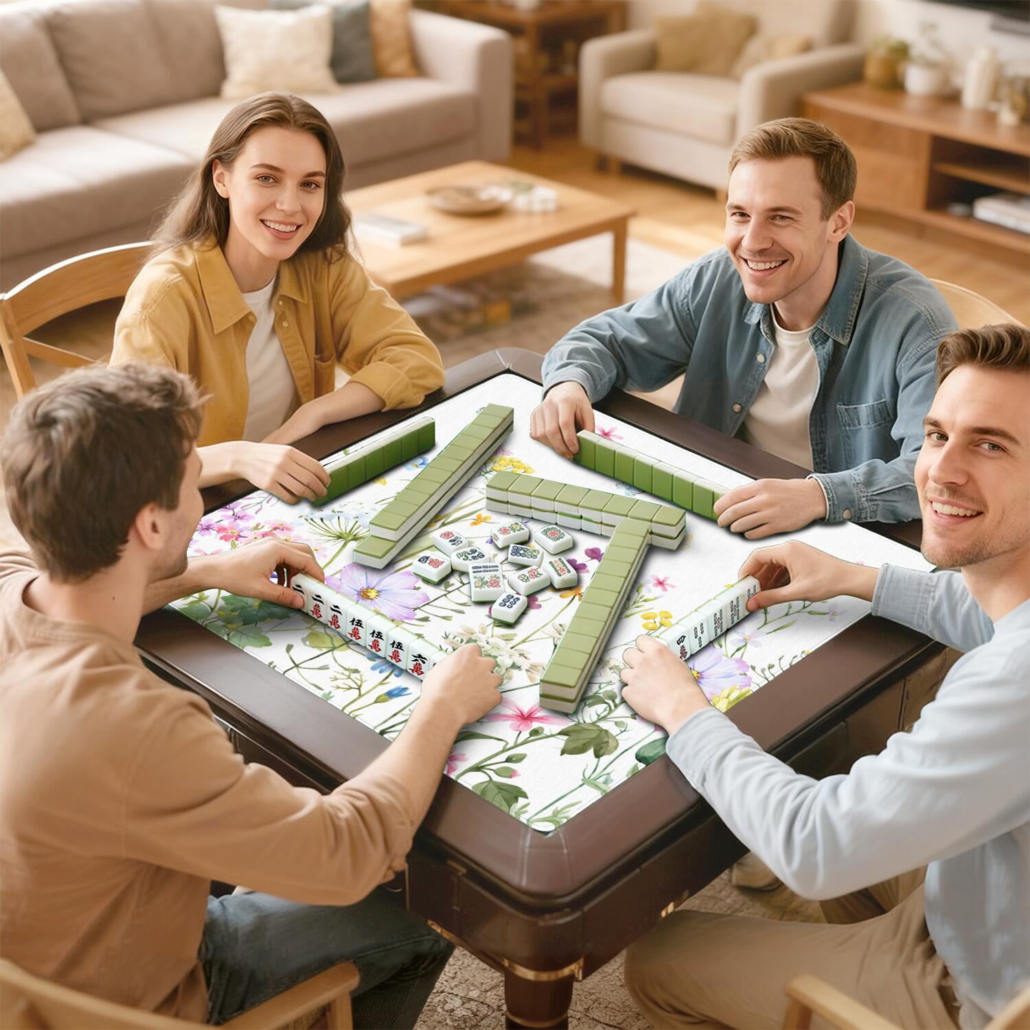 Premium Floral Design Rubber Table Cover for Game Room 31.5x31.5 Inch Extra Large Mahjong Pad with Anti-Skid Bottom & Quiet Play for Tiles