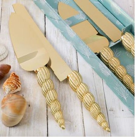 - Gold Conch Shell Stainless Steel Wedding Cake Knife and Server Set Reception